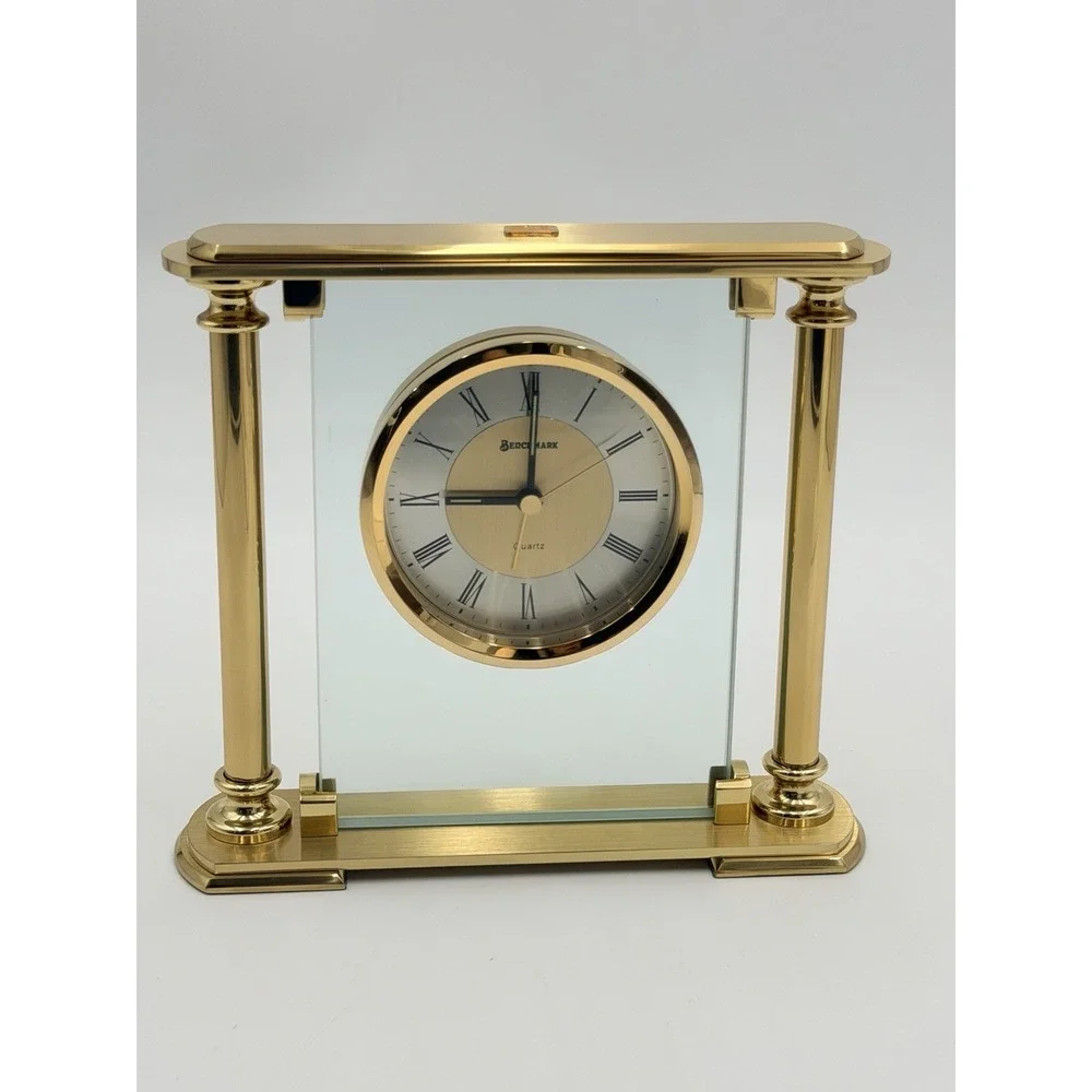 Vintage 90s Benchmark PageNet Glass Pillar Quartz Desk Clock Gold Tone Working